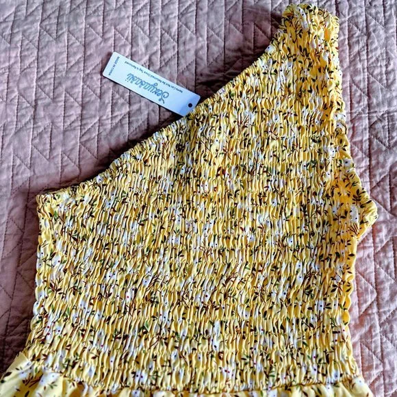 SEXYASASII Yellow Floral Smocked One-Shoulder Boho Midi Dress Size Small NWT - Picture 5 of 6